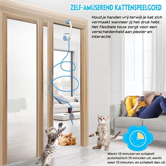 Drie kittens spelen met het witte en blauwe katten speelgoed dat aan een deur hangt. Een vrouw leest op de achtergrond. 'Zelf-amuserend kattenspeelgoed'.