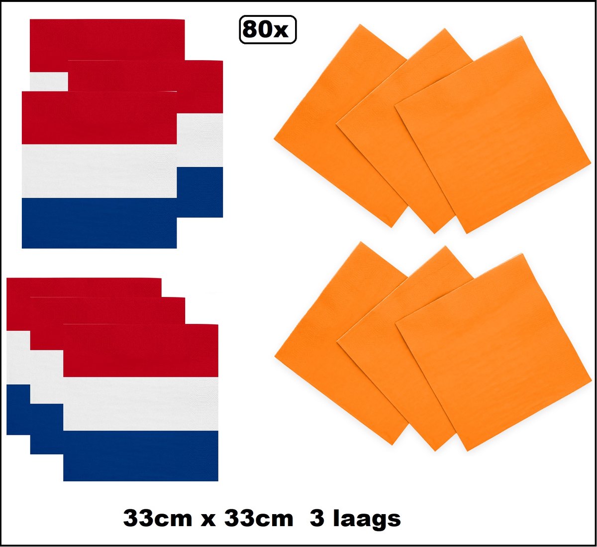 80x Servet oranje en rood/wit/blauw 33cmx33cm - 3 laags - Luxe Servet diner eten knoeien restaurant Nederland WK 2026 Koningsdag BBQ thema feest verjaardag feest