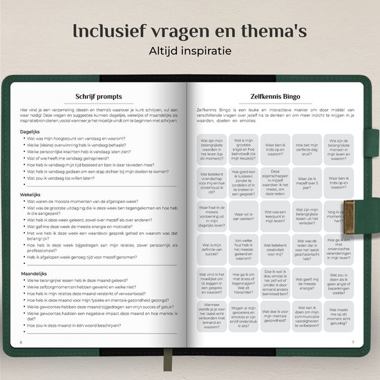 Groen dagboek met tekst "Inclusief vragen en thema's" en "Schrijf prompts"