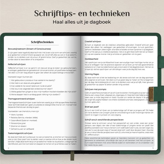 Open groen dagboek met lijst van schrijftips en technieken