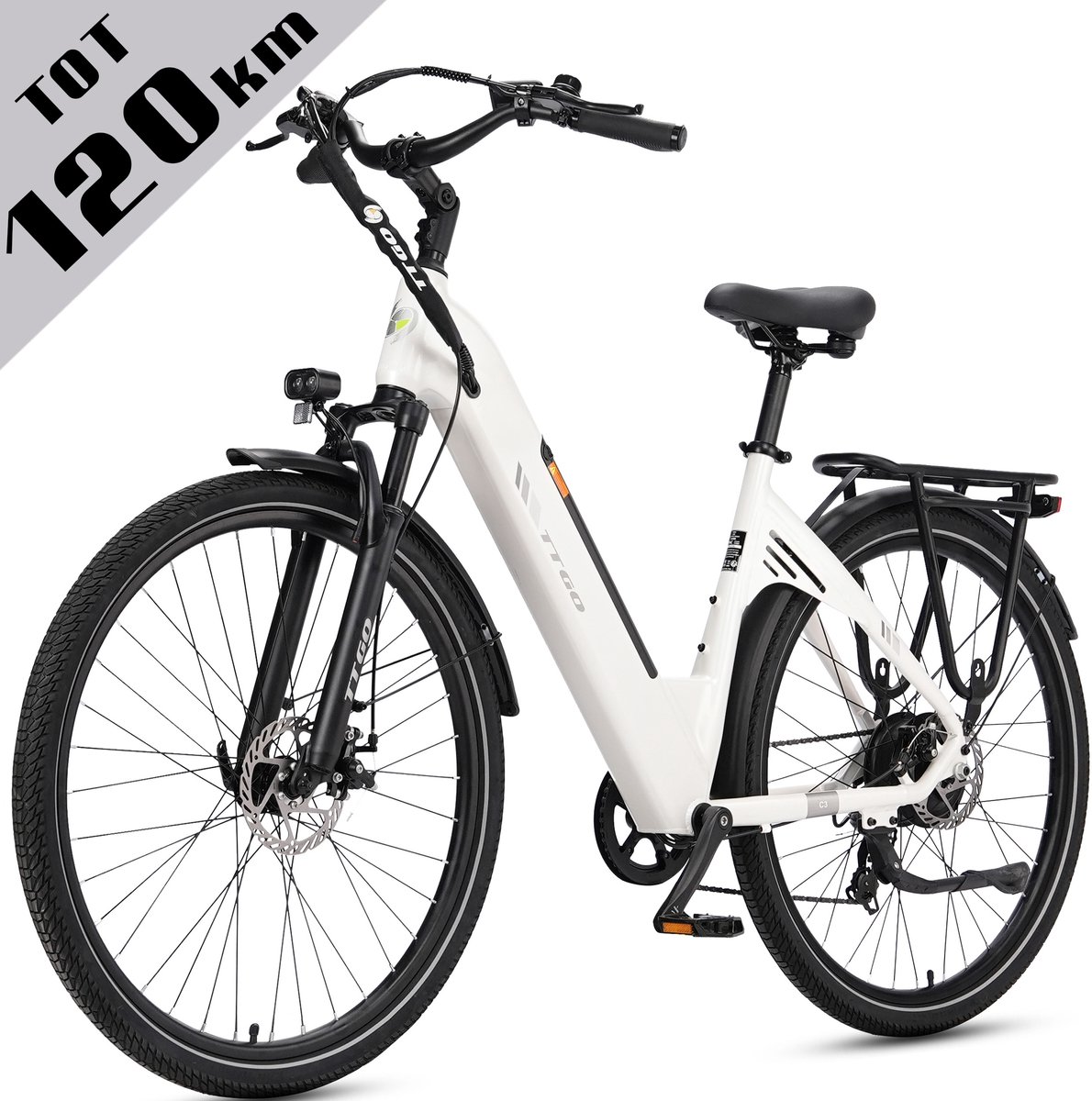Elektrische Fiets TTGO C3 - 36V 18AH Accu - Actieradius Tot 120 Km - Aluminium Lage Instapframe - 28×2.0 Inch Wielen - Shimano 7 Versnellingen - Mechanische Schijfremmen - LCD Display - Elektrische Stadsfiets - Wit