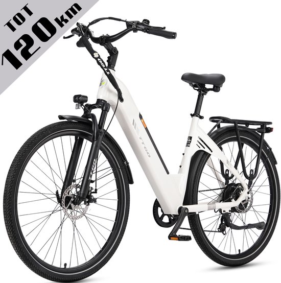 Elektrische Fiets TTGO C3 - 36V 18AH Accu - Actieradius Tot 120 Km - Aluminium Lage Instapframe - 28×2.0 Inch Wielen - Shimano 7 Versnellingen - Mechanische Schijfremmen - LCD Display - Elektrische Stadsfiets - Wit
