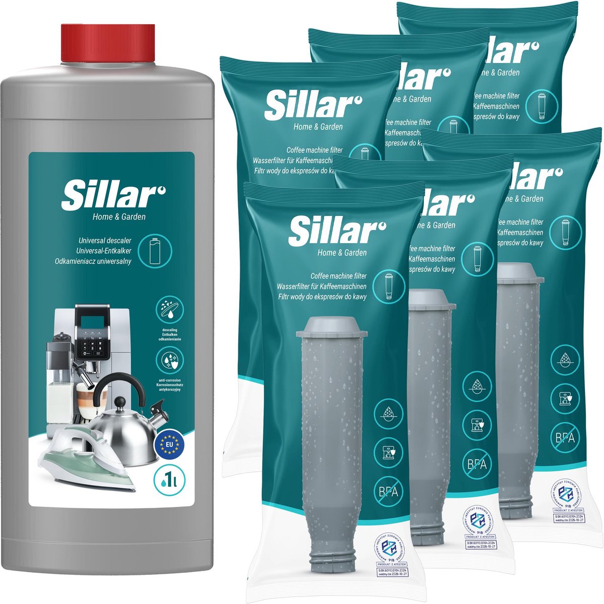 Sillar, 6 stuks waterfilter, filterpatroon, vervangend waterfilter voor Krups koffiemachines F088, AEL01, TCZ6003 + 1 x universele ontkalker, 1l, set