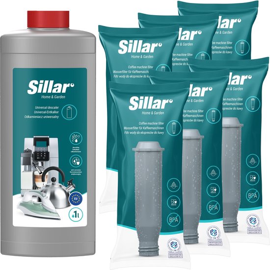 Set van 5 Sillar koffiefilters en een fles Sillar universele ontkalker.