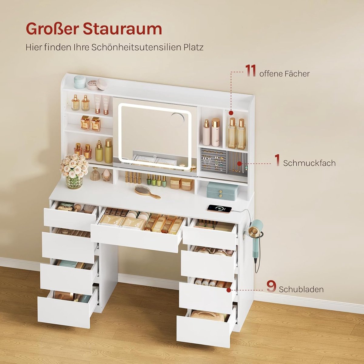 Make-uptafel met LED-verlichting en Spiegel – Kaptafel / Vanity Desk 110x40x140 cm – 9 Lades & 11 Planken – Dimbare Verlichting 3 Modi – Schuifspiegel met Vergroting – Stopcontact USB-C & AC – Wit Modern Slaapkamer Meubel – abtkantoor