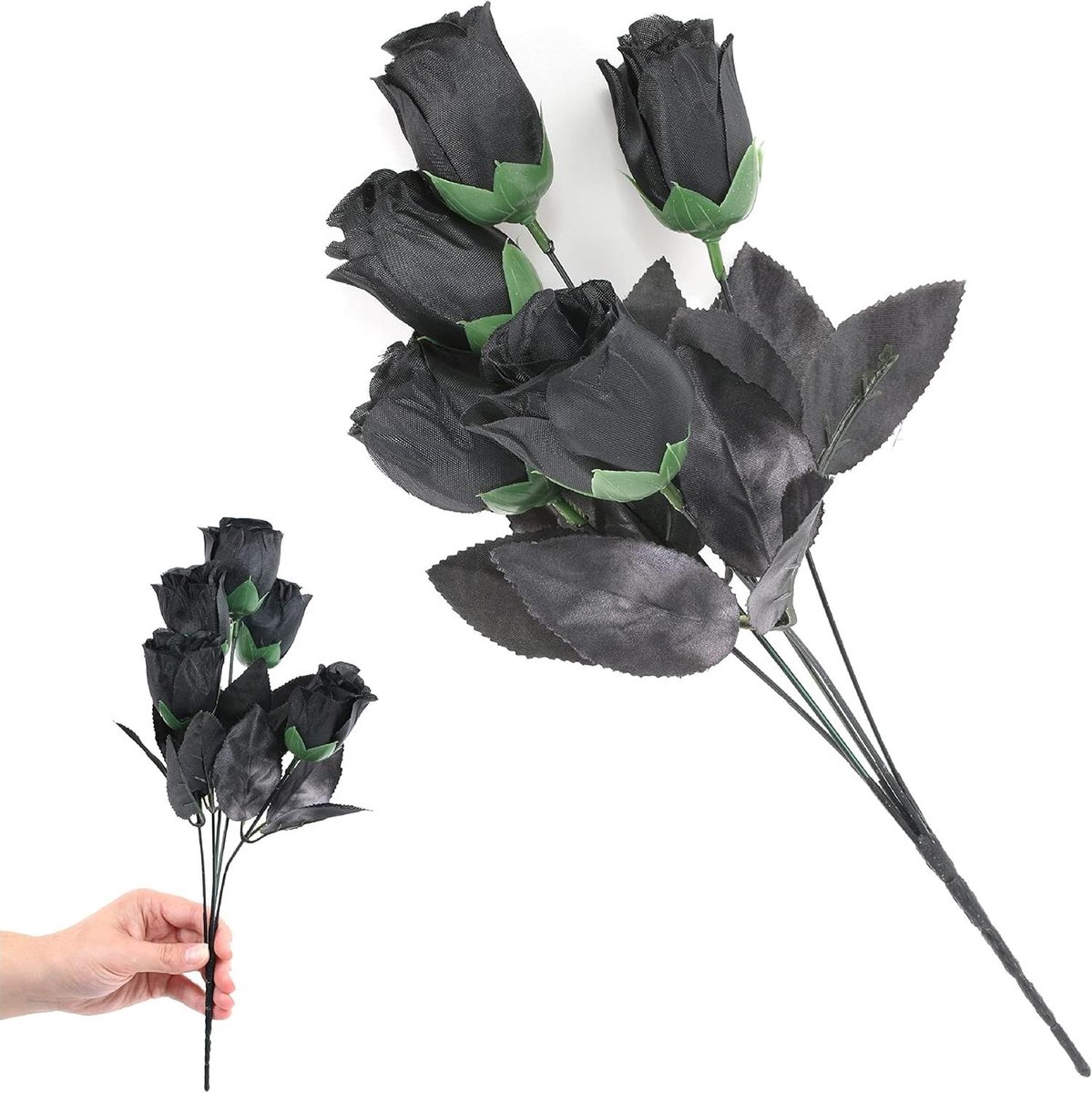 Zwarte Rozen Boeket - Nep Bloemen - Kostuum Accessoire - Realistisch Uiterlijk - 1 Stuks - Zwart