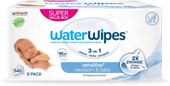 WaterWipes Super Value Box, 9 pakken (540 doekjes). Met babyfoto, plantaardig en plasticvrij.