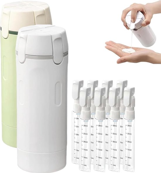 4-in-1 Navulbare Reisfles Dispenser Set - Luxe Reisdispenser Fles 4-in-1 - Lekvrij & Compact - 4x 30ml Hervulbare Containers - Voor Shampoo, Lotion & Douchegel - Inclusief Labels - Groen/Wit