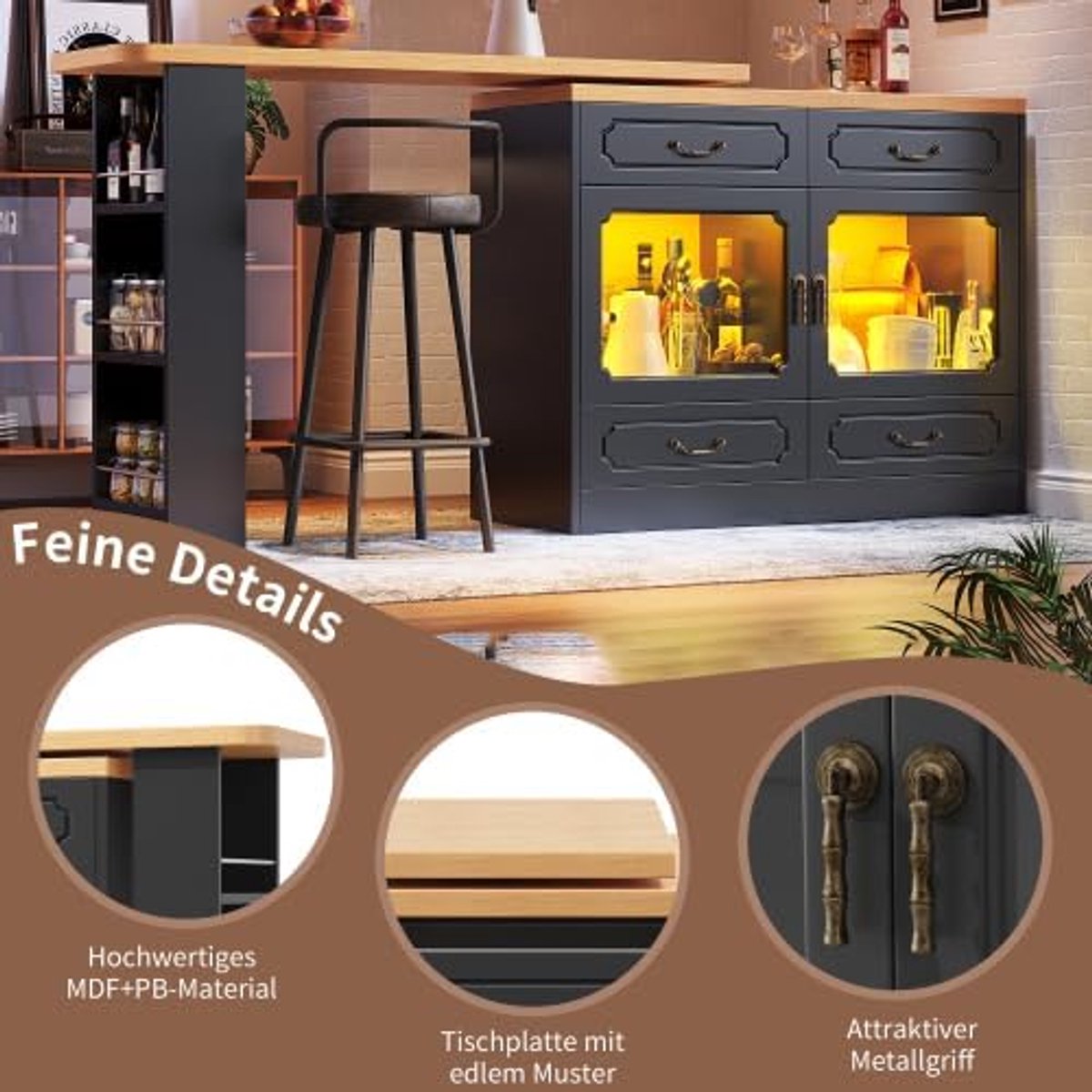 Lumino Smart 360° Uitschuifbaar Keukeneiland & Bartafel - 135(203)x39 cm - LED & App-bediening
