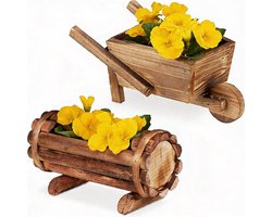 Plantenbak kruiwagen Vintage Houten Design - Houten Plantenbakken Set van 2 Voor Tuin & Balkon - Hout Natuurlijke Uitstraling & Duurzaam – Weerbestendige Bloembak Voor Binnen & Buiten