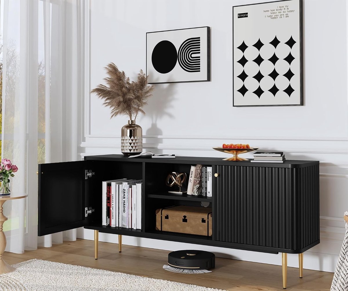 TV-Kast Hout Modern Lowboard met 2 Deuren en Golfreliëf Design, Televisiemeubel 140 cm voor 65 Inch TV – Woonkamer TV-Tafel – Urbanhome