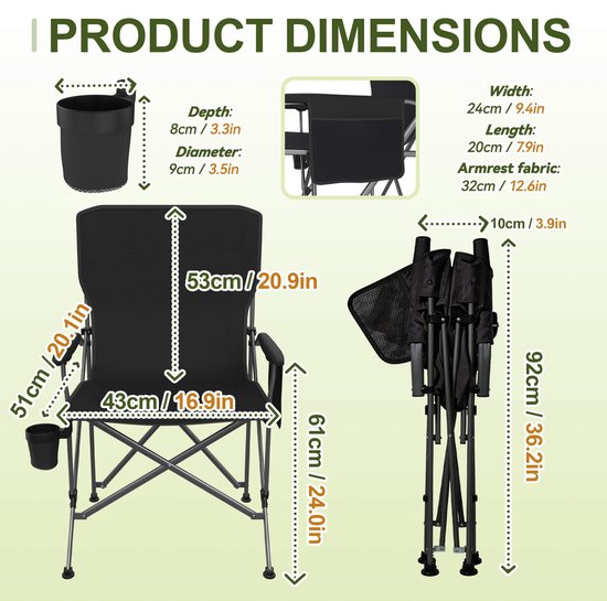 Draagbare Campingstoel - Met Bekerhouder & Zijvak - Opvouwbare Visstoel & Picknickstoel - Stevig Stalen Frame 100kg - Zwart — afbeelding 3
