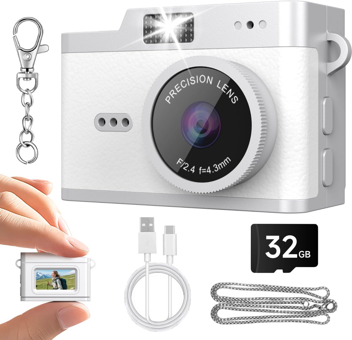Mini Digitale Camera - 12MP 1080P FHD - Retro Fototoestel - 32GB - Wit - Compacte Pocket Camera - Vintage Digitale Camera - Kindercamera - Kleine Videocamera - Sleutelhanger Camera - Inclusief SD-kaart & Lanyard - Mini Camcorder