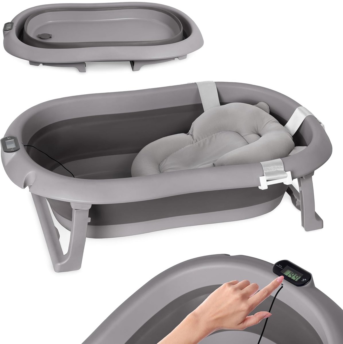 moovkee. Opvouwbaar Babybadje 80 cm Donkergrijs met Thermometer & Badkussen – Antislip Draagbaar Babybad voor 0-36 Maanden