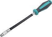 Flexibele bithouder met turquoise en grijs handvat op zwarte achtergrond.