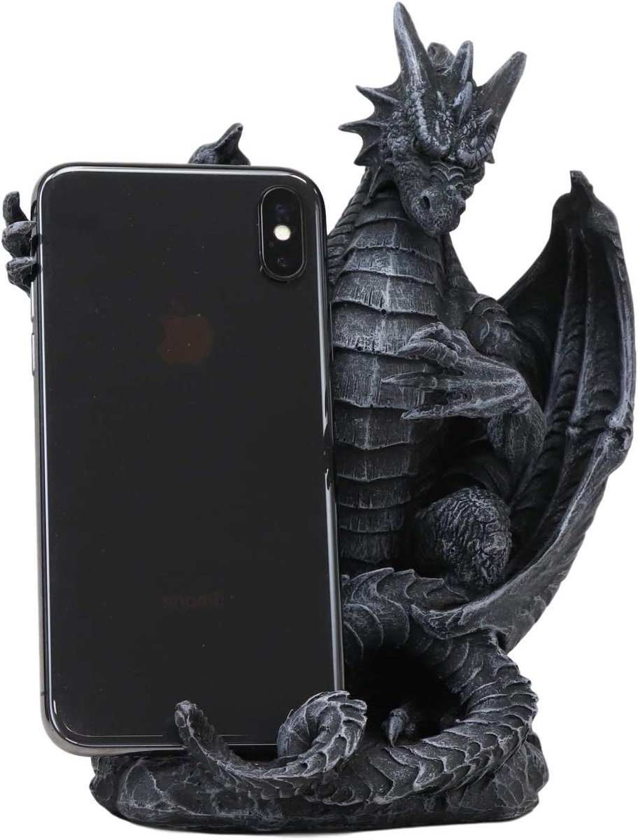 Draak Beeldje - Telefoonhouder - Bureau Organisatie - Handgeschilderd - 19.7 cm - Zwart