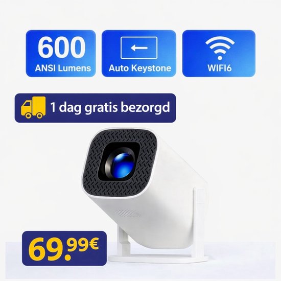 Nieuwste Draagbare 4K Android 14 Projector – Beamer met 600 ANSI Lumen, Auto Focus, Dual WiFi & Bluetooth 5.0 – 150 Inch Home Cinema Projector