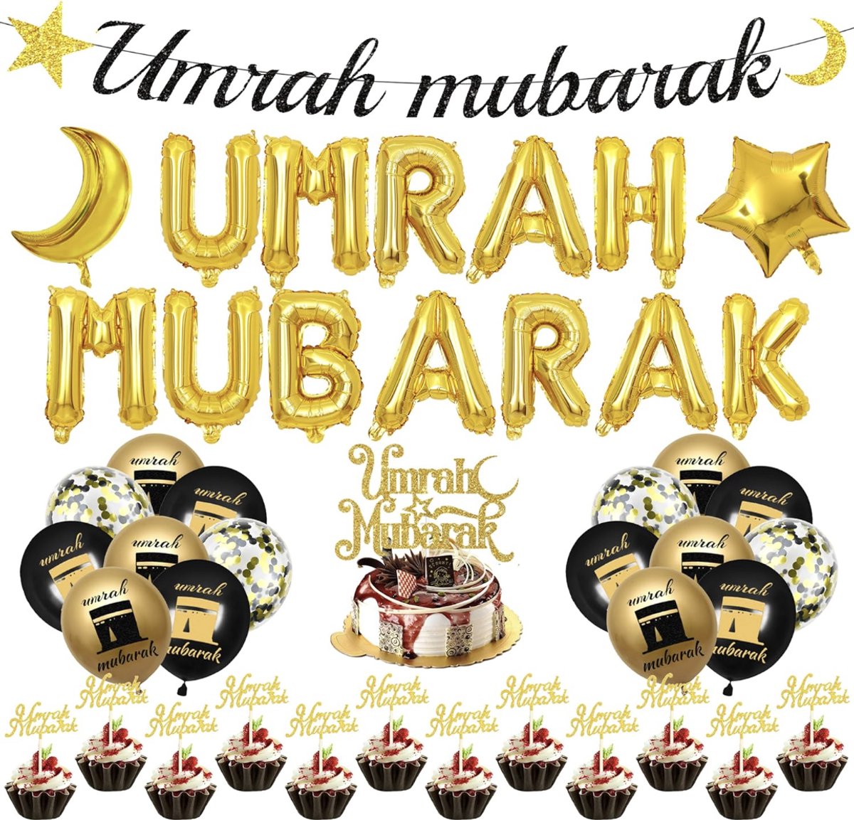 Umrah Mubarak feestdecoratie set 44 delig ballonnen banner sterren confetti ballonnen cupcake en taart toppers Ramadan Eid decoratie