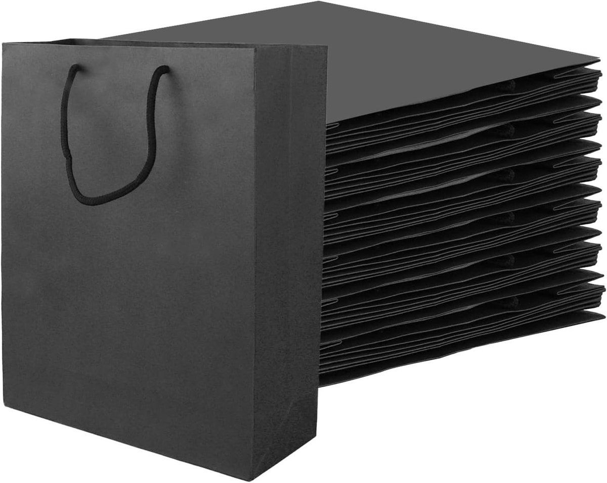 20 Zwarte Cadeautassen met Handvat, 28 x 10 x 33cm - Kraft Tassen voor Kerst, Verjaardag en Bruiloften