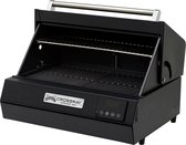 Zwarte elektrische BBQ met open bovenkant, grillrooster en digitaal display.