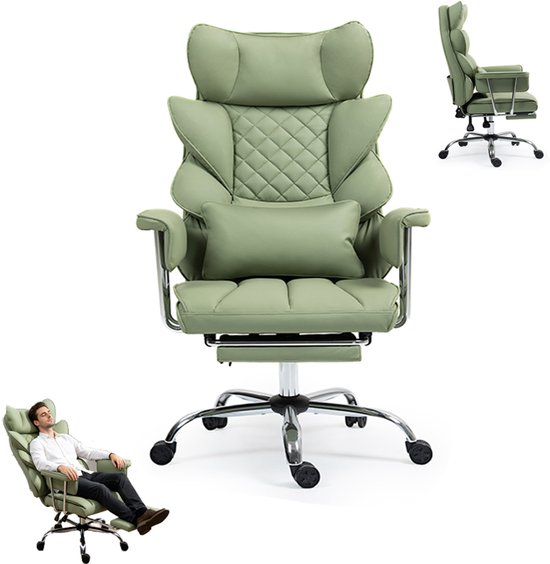 Groene bureaustoel met hoge rugleuning en voetensteun, met man zittend en stoel in close-up.