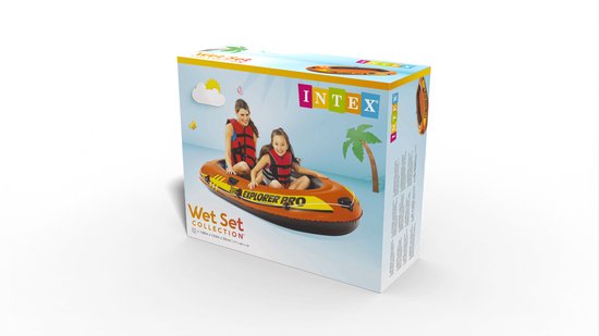 Doos met opblaasboot Intex Explorer Pro 200 en twee kinderen in reddingsvesten.