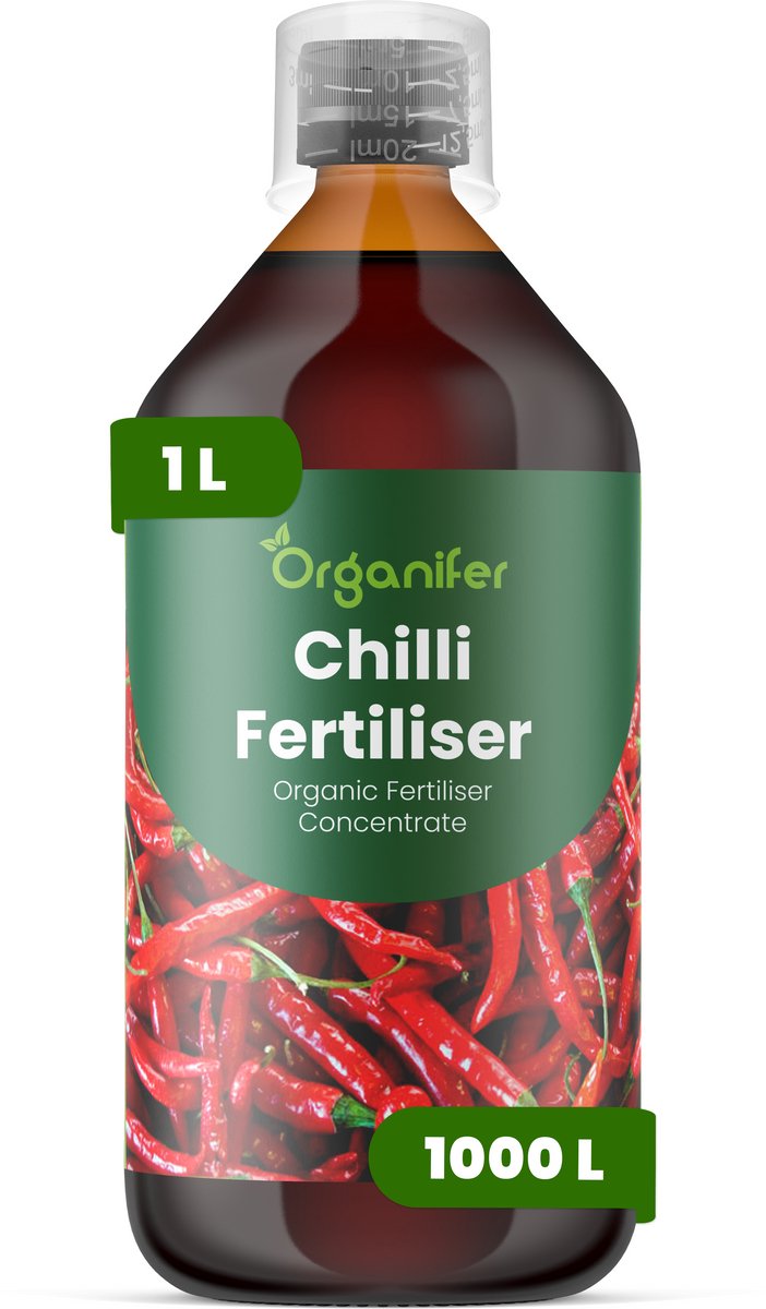 Vloeibare Meststof Voor Chili 1 L Voor 1000 L - Npk 2-1-8 - Krachtige Groei - Sterke Vruchtzetting - Hoge Opbrengst - Wortelontwikkeling - Smaakrijke Peulen - Kleurintensiteit - Hittebestendig - Peulstevigheid - Continue Bloei - Organifer