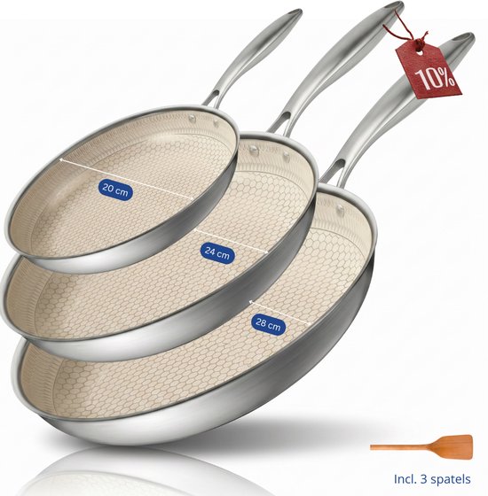 Morelia® Koekenpannen Set Inductie en Gas - Incl Spatel - Ø 20cm - 24 cm en 28 cm - PFAS Vrij - Keramische Anti aanbaklaag - Oven en Vaatwasserbestendig - Beige