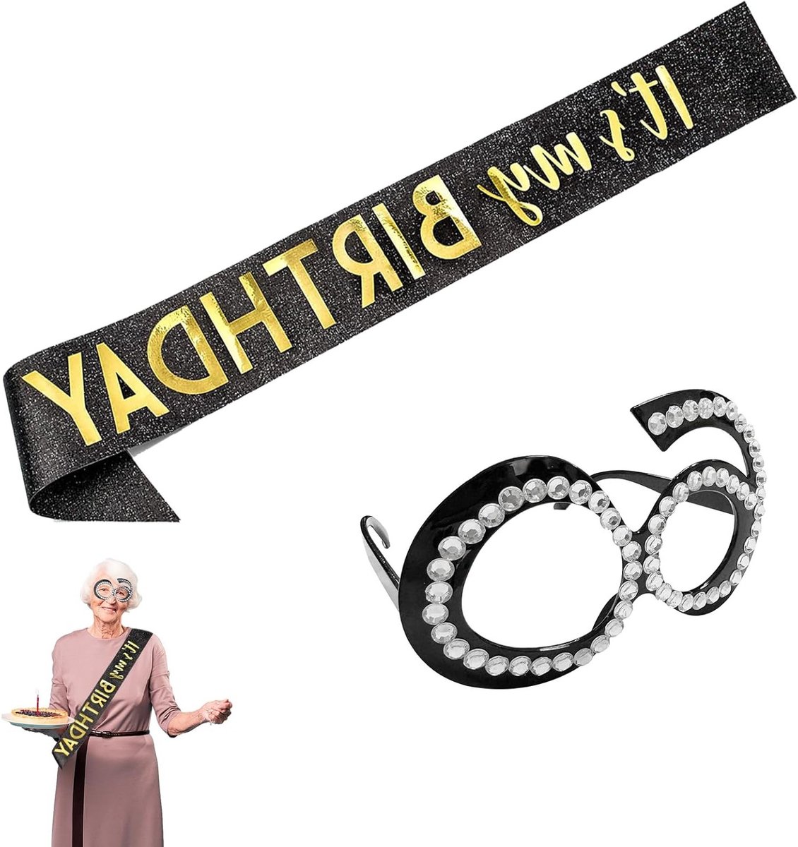 Verjaardagsaccessoires voor 50e verjaardag – Zwarte feestbril en schouderlint – Decoratie voor themafeesten en vieringen van volwassenen, 158 x 9,5 cm