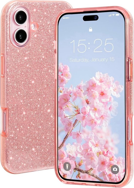 Coque de téléphone rose à paillettes pour iPhone 16 Plus, avec protection antichoc.