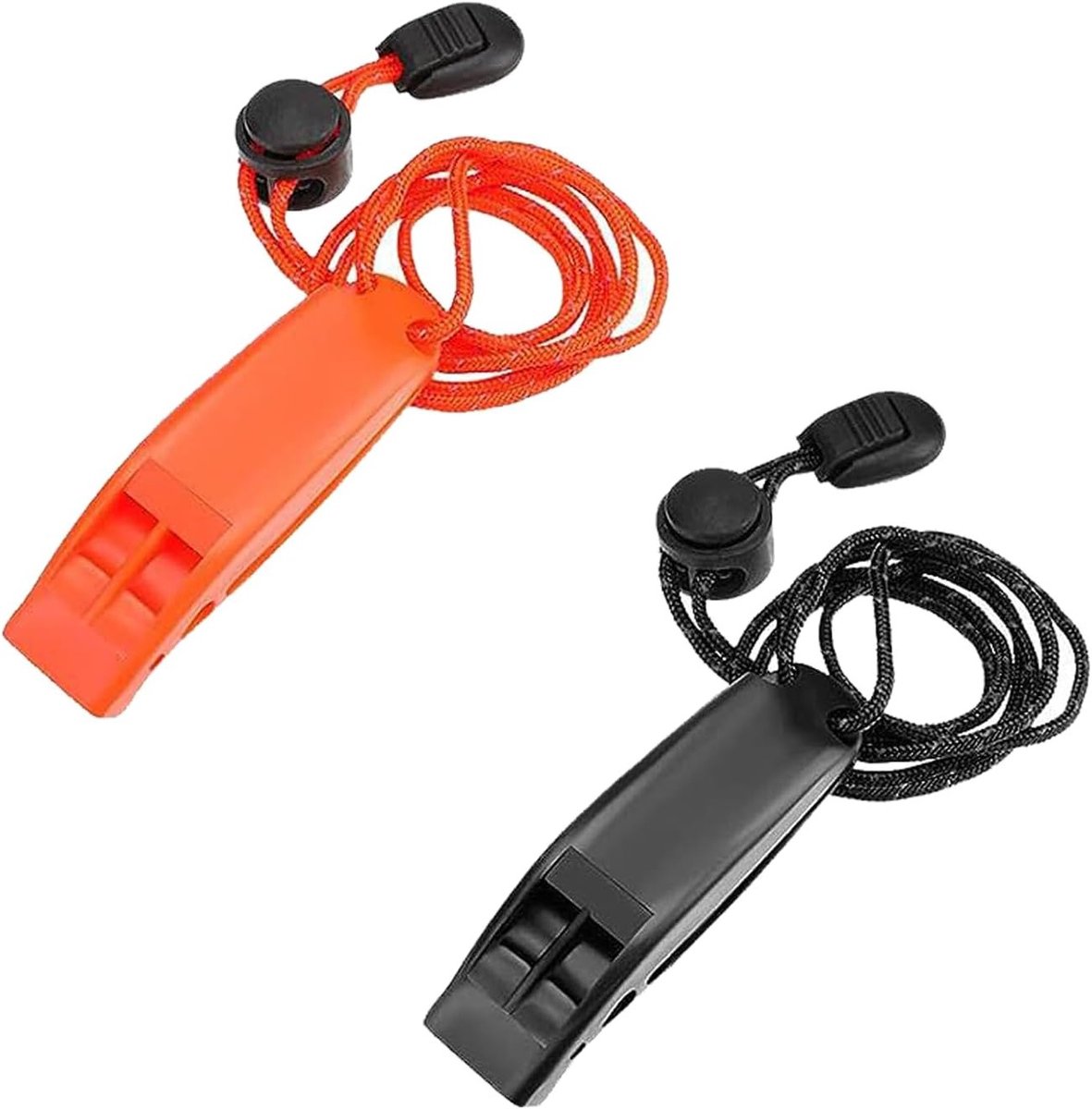 Set van 2 Noodfluitjes met Trekkoord voor Overleving, Veiligheid en Outdoor Activiteiten, Oranje en Zwart