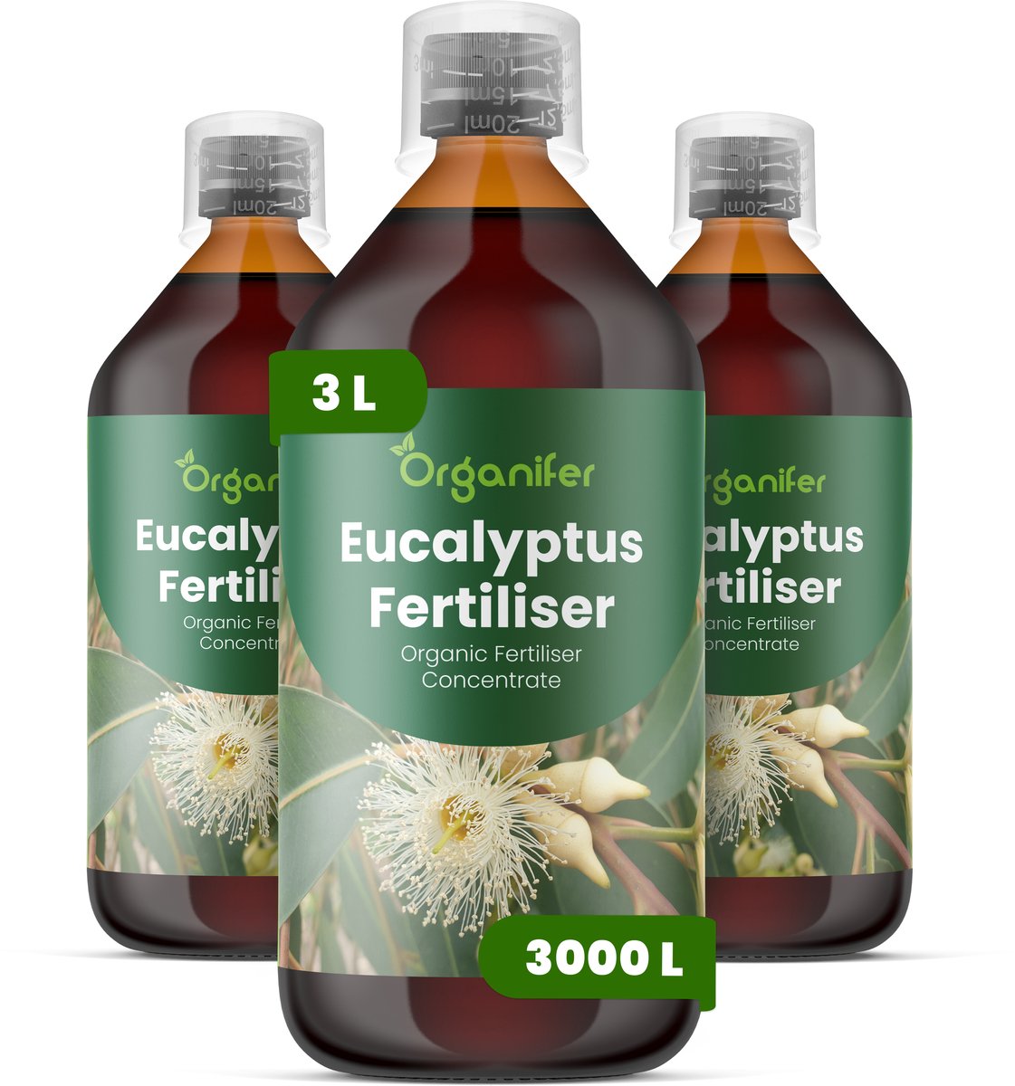 Vloeibare Meststof Voor Eucalyptus - 3X1 L Voor 3000 L - Npk 3-4-3 - Krachtige Groei - Sterke Wortels - Droogteresistentie - Scheutontwikkeling - Bladkleurintensiteit - Hittebestendig - Windbestendig - Aromatische Bladkwaliteit - Organifer