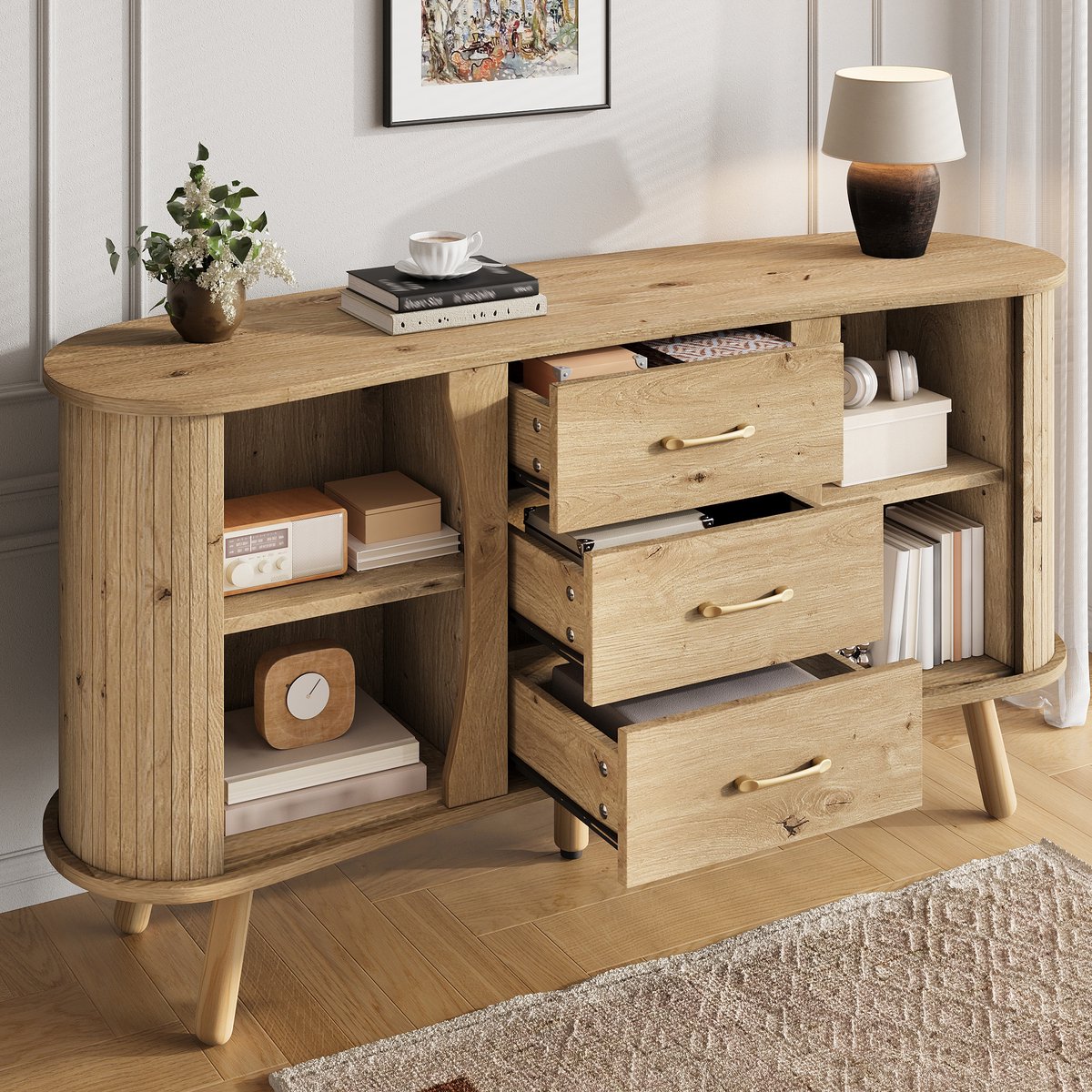 Erbsenvormig Sideboard 150x36,5 cm - Vertikale Rillenoptiek - 2 Schuifdeuren + 3 Laden - Verstelbare Planken - Massiefhouten Poten - MDF Natuurlijke Houtafwerking