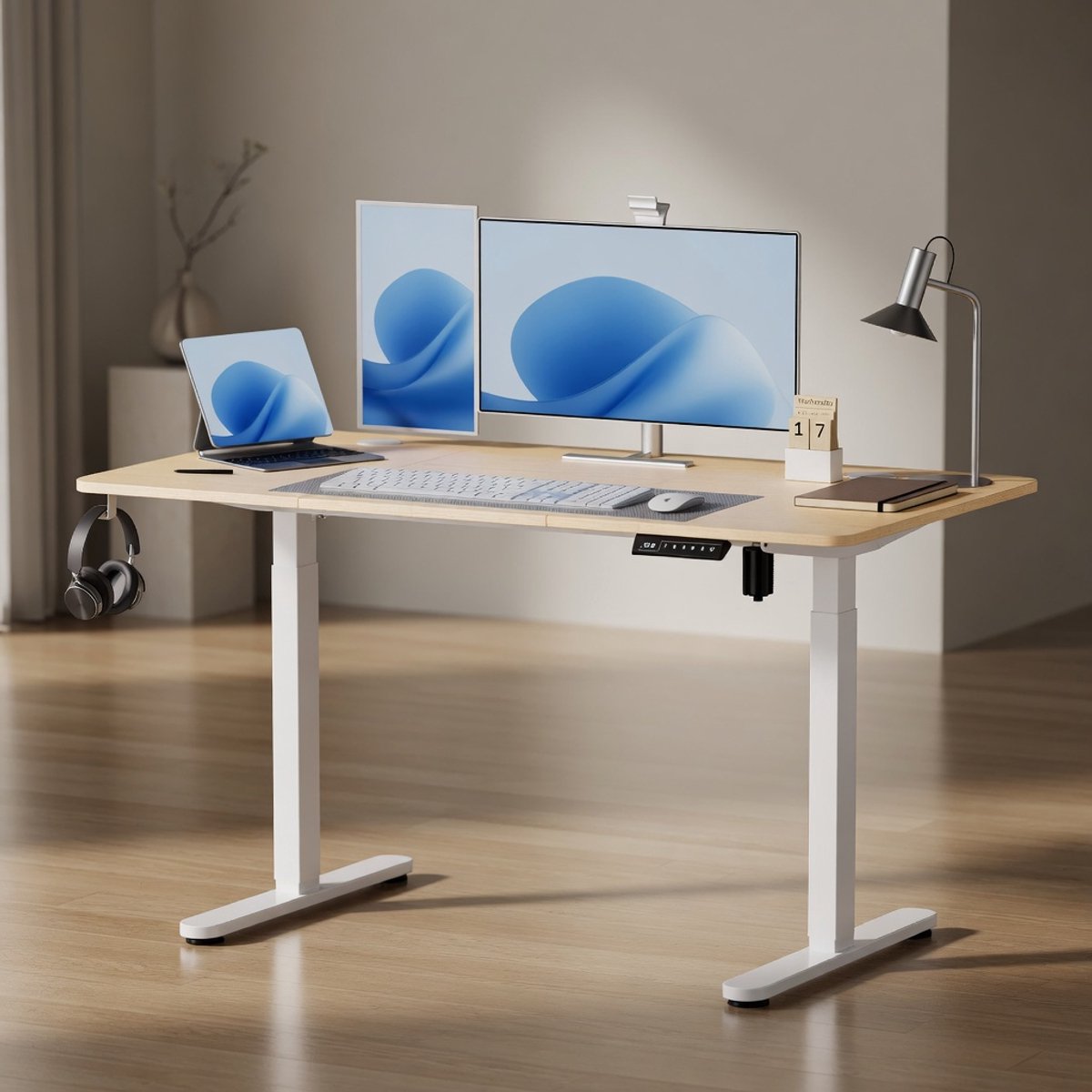 Elektrisch Zit-Sta Bureau 120x160 cm – In Hoogte Verstelbaar Ergonomisch Bureau met LED Display & Memory Functie (4 Geheugenstanden) – Stevig T-Poot Computer Bureau met Kabelmanagement – Natur/Weiß HoutlookMobili Bella