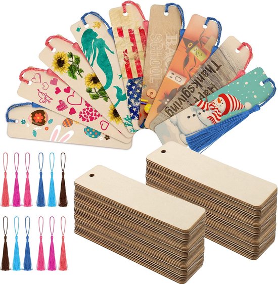36 stuks houten bladwijzers - DIY houten bladwijzers - Lege onafgewerkte bladwijzers - Houten boekenlegger-maakset - met kwastjes (kwastjes in willekeurige kleuren) - Voor DIY handwerk, schilderen, bruiloft, verjaardagsfeestdecoratie - 3,2 * 12 cm