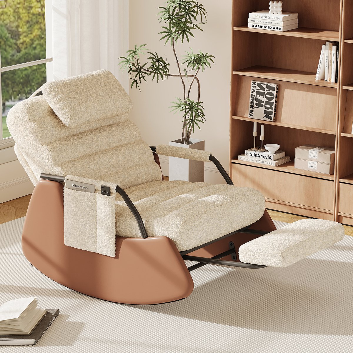 Schommelstoel - Loungestoel - Fauteuil - Verstelbare rugleuning in drie standen - Neksteun - Opklapbare voetensteun - Beige en bruin (wollen stof)