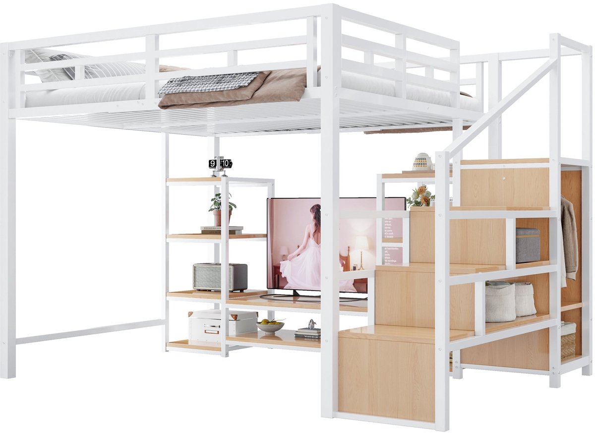 Merax Hoogslaper 140x200 cm - Bed met Opbergruimte - TV-Meubel - Stopcontact - Veiligheidsladder - Metalen en Hout - Wit