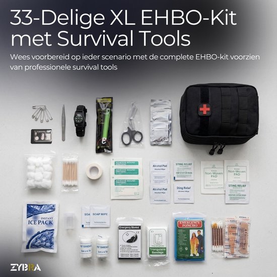 Grote zwarte EHBO-kit met diverse medische benodigdheden en survival tools.
