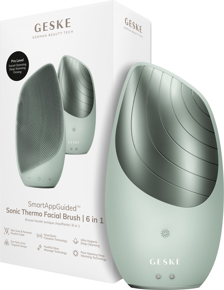 GESKE | SmartAppGuided™ Sonic Thermo Facial Brush | 6 in 1 | Huidreiniging | Reinigingsborstel met warmtefunctie | Gezichtsmassager | Elektrische gezichtsborstel | Apparaat voor gezichtsreiniging