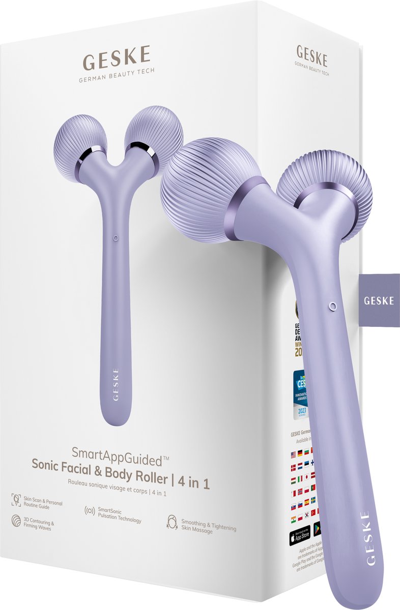 GESKE | SmartAppGuided™ Sonic Facial & Body Roller | 4 in 1 | Dermaroller | Apparaat voor gezicht en lichaam | Dermarol | Professionele gezichtsroller | Verstevigt en definieert lichaam en gezicht