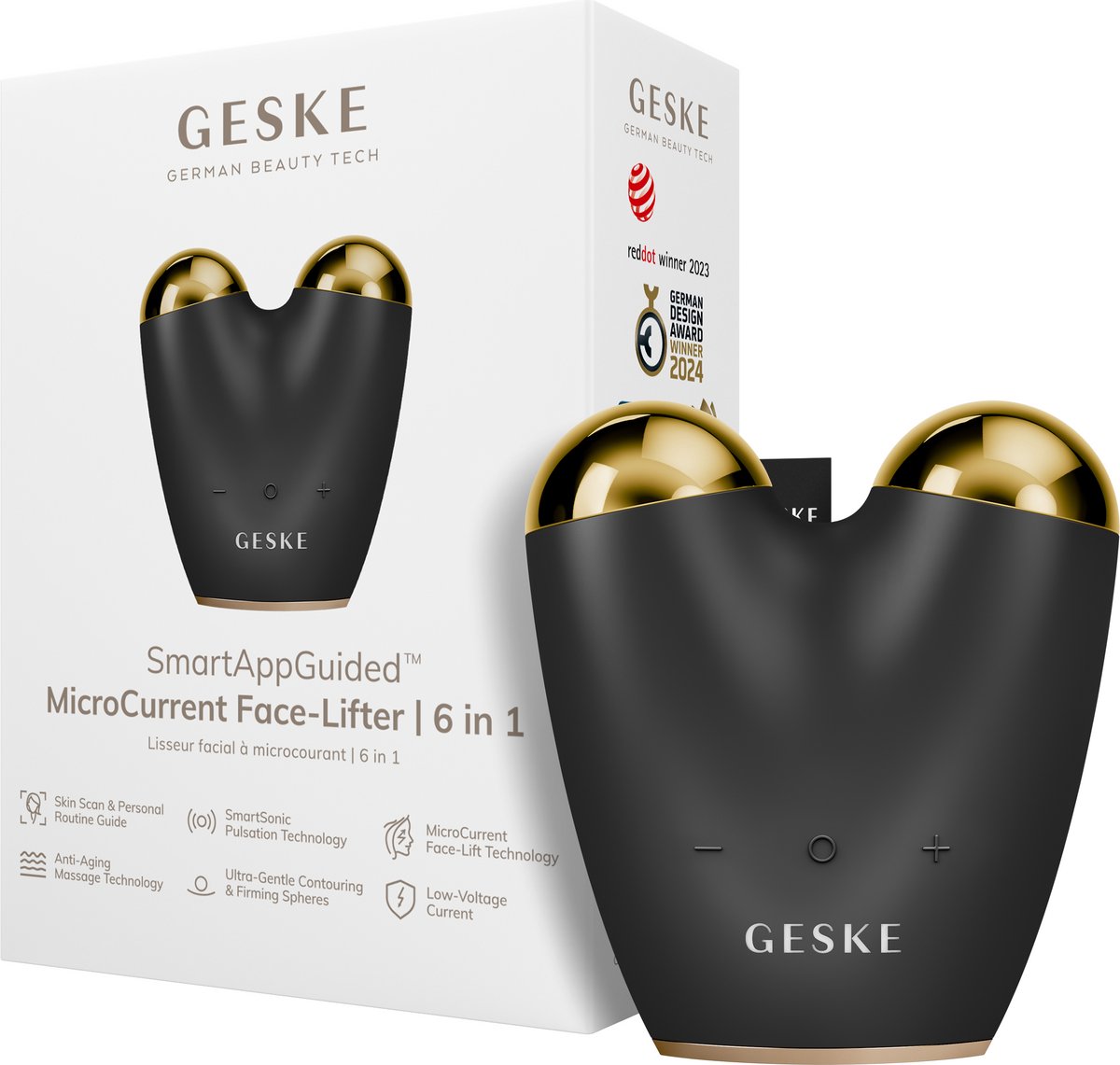 GESKE | SmartAppGuided™ SmartAppGuided™ MicroCurrent Face Lifter | 6 op 1 | Gezichtslifting | Tools voor huidverzorging | Facelift | Anti-aging apparaat | MicroCurrent tegen rimpels