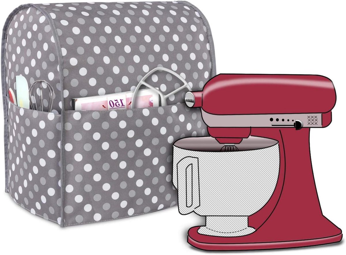 Mixer Stofhoes - Keukenmachine Cover - Keuken Organiseren - Met Extra Vakken - 35x22x35 cm - Grijs met stippen