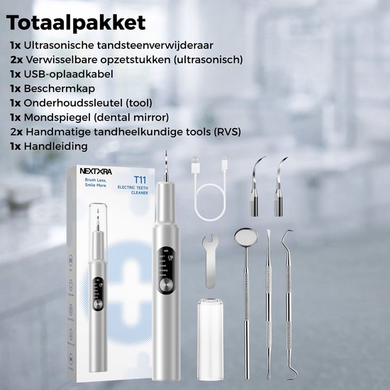 Complete set voor tandsteenverwijdering: ultrasonische tandsteenverwijderaar, opzetstukken, kabel, spiegel en tandheelkundige tools.