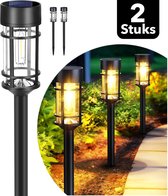 Webzon - Solar Tuinverlichting op zonne energie - Set van 2 (7x46 cm) - Solar Priklamp - Filament LED Warm Wit - 8–10 uur gebruikstijd - Buitenlamp / Tuinlamp / Padverlichting - Lantaarn voor buiten - IP65 Waterdicht - Zwart