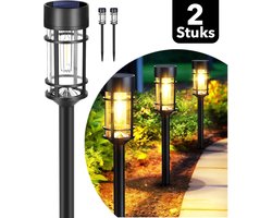 Webzon – Solar Tuinverlichting Set van 2 (7×46 cm) – Solar Priklamp op Zonne-energie – Filament LED Warm Wit – 8–10 uur gebruikstijd – Buitenlamp / Tuinlamp / Padverlichting – Lantaarn voor buiten – IP65 Waterdicht – Zwart