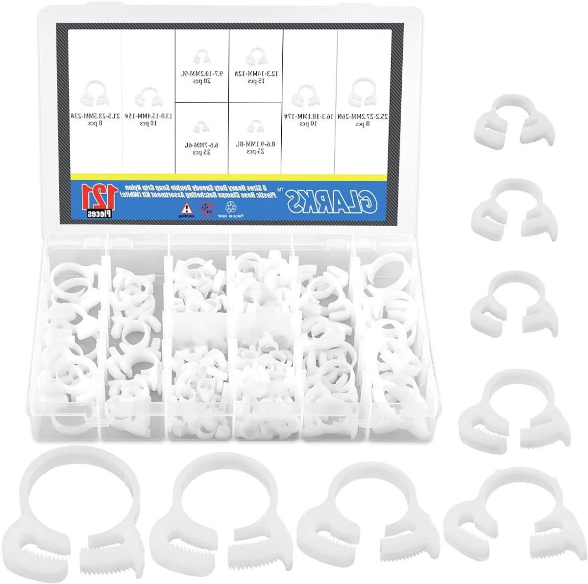 121-delige set zware witte nylon slangklemmen in 8 maten, 6.6-27.2mm, voor stevige bevestiging en veelzijdig gebruik