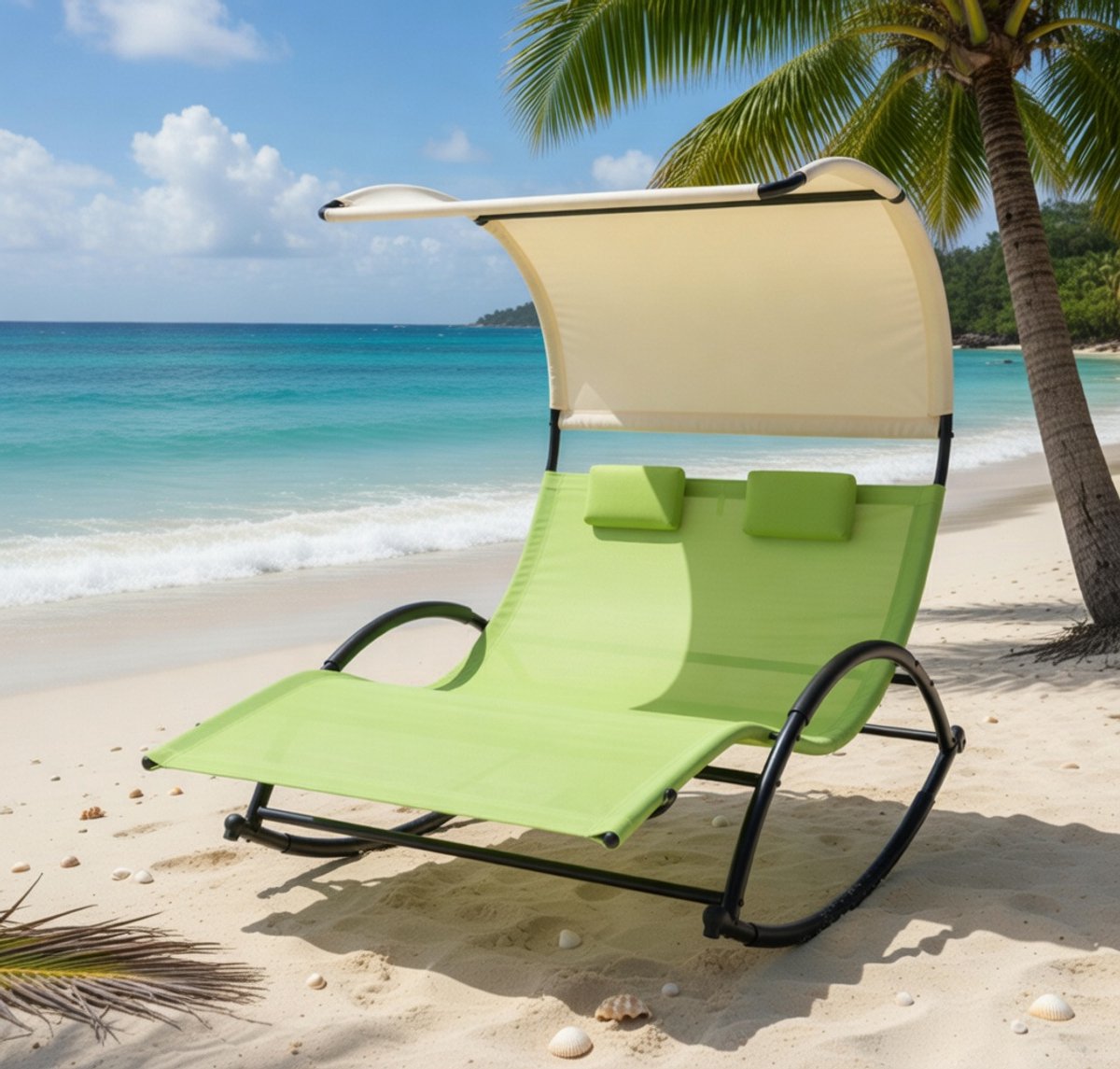 Dubbele Ligstoel met Zonnedak 139 x 180 x 170 cm – Luxe 2-Persoons Schommel Zonnebed voor Tuin, Terras en Balkon – Verstelbare Relax Ligstoel met Kussens Groen/Crème – Nicolehome