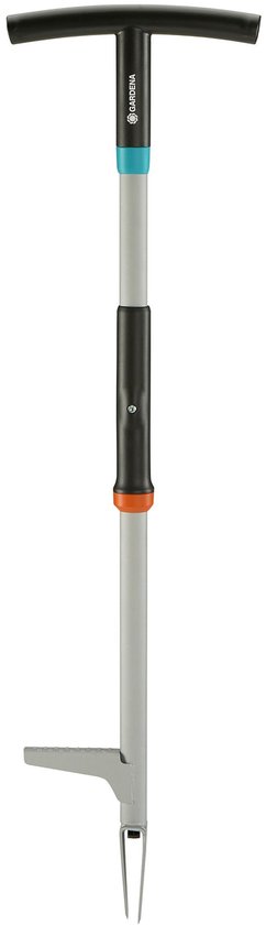 GARDENA onkruidsteker met zwart T-handvat, telescopische steel, oranje en blauwe accenten.