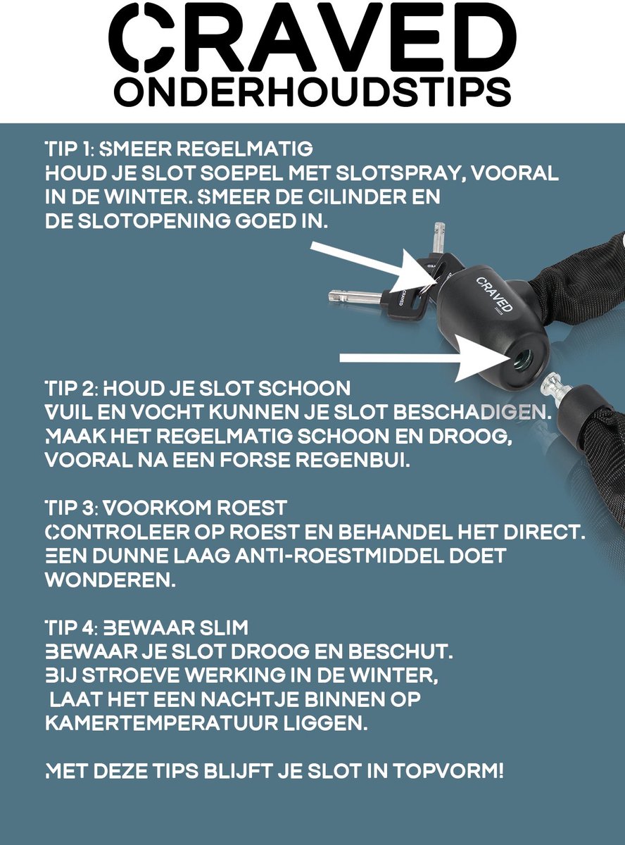 Craved ART3 Kettingslot Iron - 130cm - 3 sleutels - Fietsslot geschikt voor Scooters, Fietsen & E-Bikes - Fietsverzekering - Gehard staal – foto 2