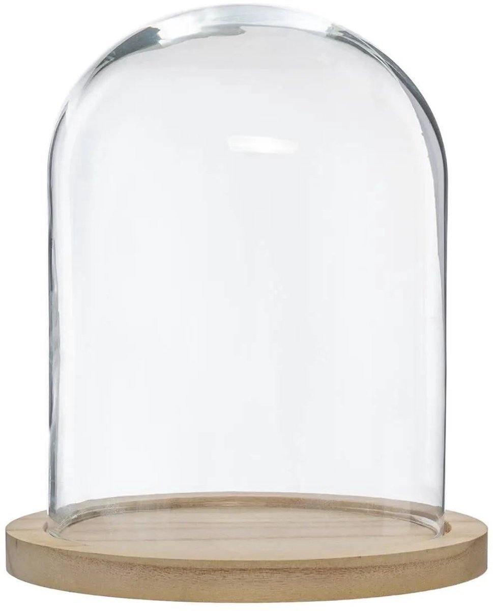 2x Atmosphera Home decoratie glazen stolp op houten plateau - glas/lichtbruin - D23 x H29.5 cm - Woonaccessoires